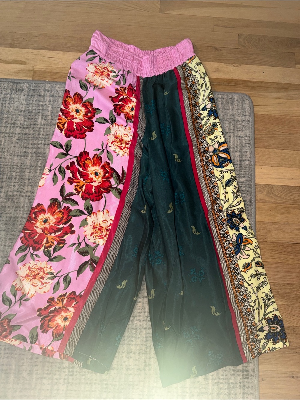 Anthropologie Patchwork Wide-Leg Pants in Pink, Green, Yellow